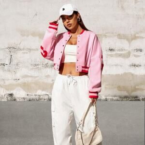 SHEIN Graphic Striped Trim Cropped Varsity Jacket - Size XS